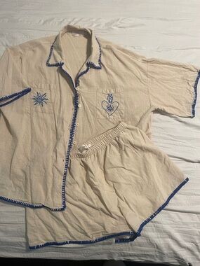 Beige Two-Piece  Set with Blue Trim and Embroidered Motifs